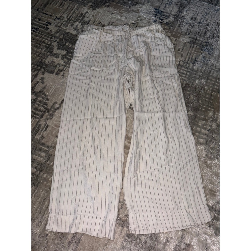 A new day Womens Linen Blend Wide Leg Pinstripe Pants Beige Cream M Short
